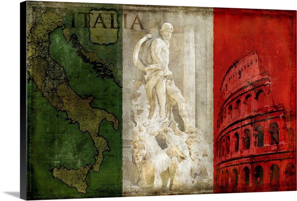 Weathered flag of Italy with illustrations of famous landmarks on top.