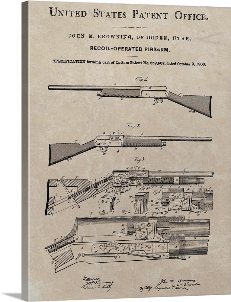 Antique style blueprint diagram of a Browning Recoil Firearm printed on a brown background.