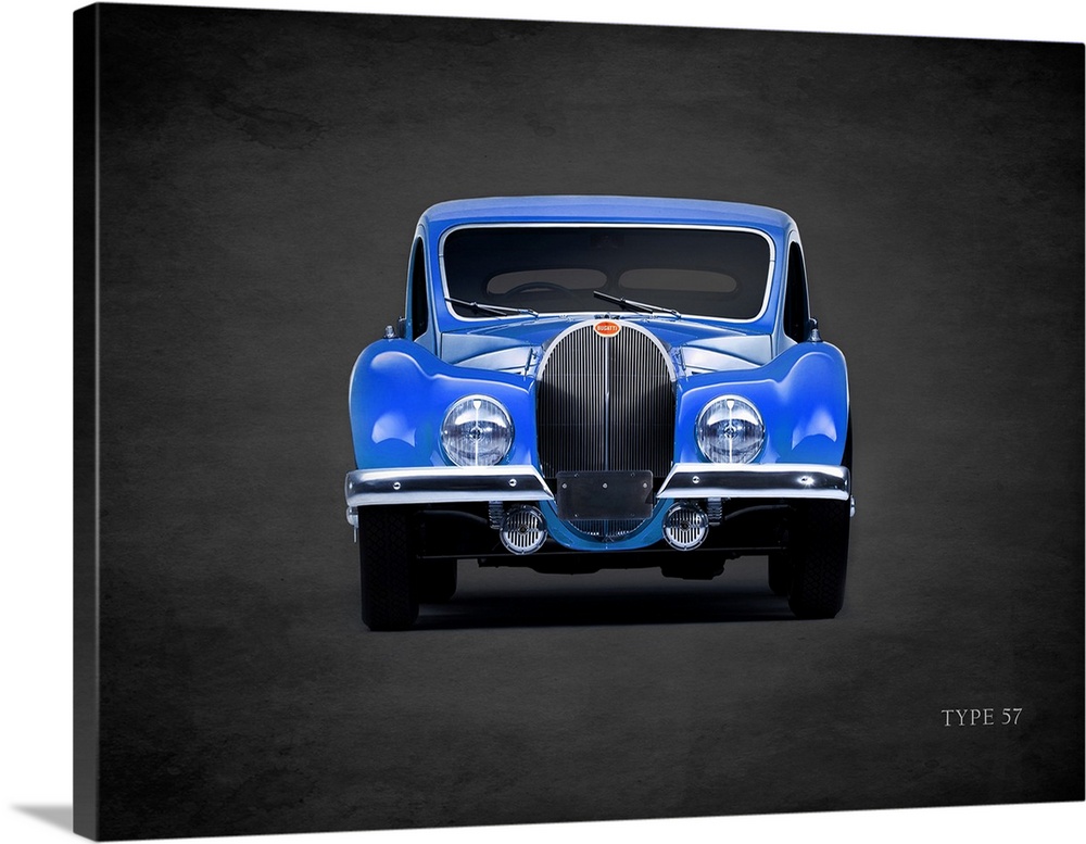 Photograph of a blue 1936 Bugatti Type-57 printed on a black background with a dark vignette.