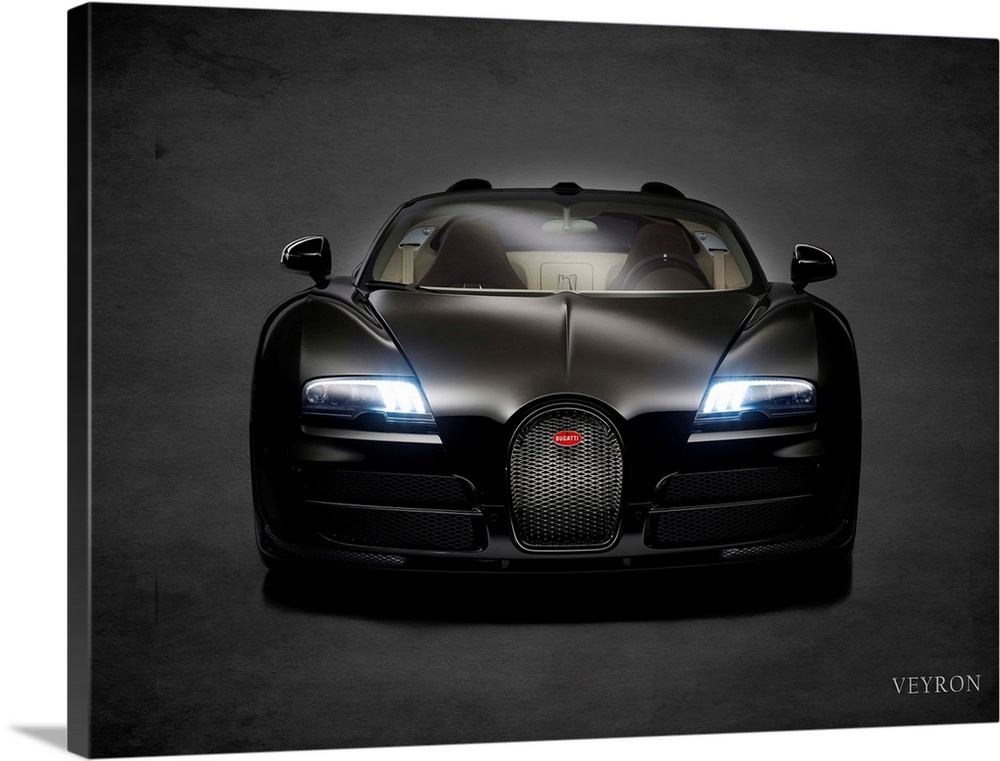 Photograph of a black Bugatti Veyron printed on a black background with a dark vignette.
