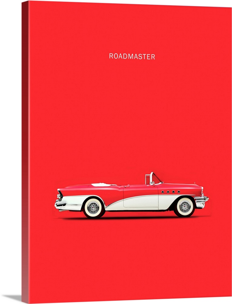 Photograph of a red and white Buick Roadmaster 55 printed on a red background