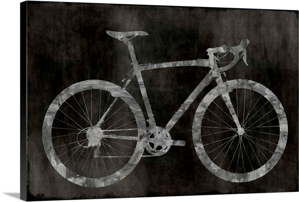 Silver silhouette of a road bicycle on a black faded background.