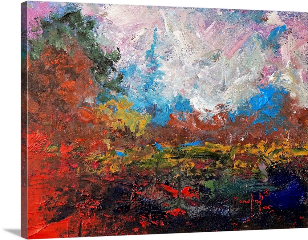 Abstract painting of a colorful landscape with bright red and burnt orange hues.