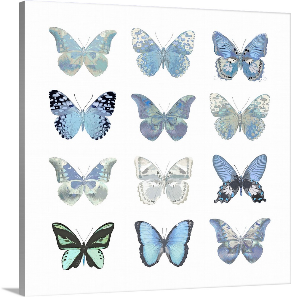 Square decor with nine silver and powder blue butterflies in three rows on a solid white background.