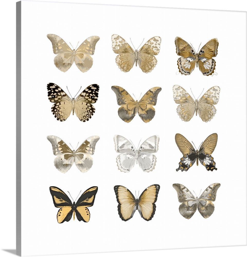 Square decor with nine gold and silver butterflies in three rows on a solid white background.