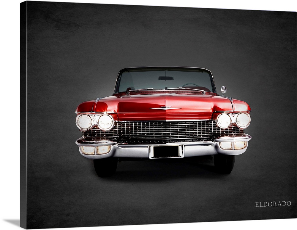 Photograph of a red Cadillac Eldorado printed on a black background with a dark vignette.
