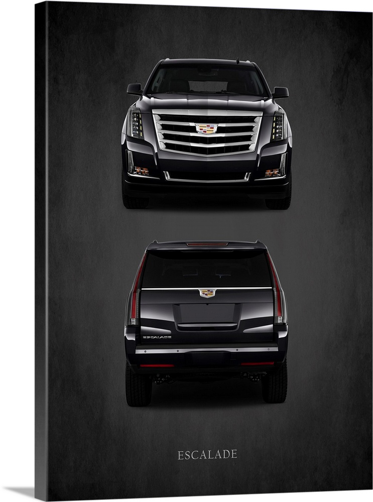 Photograph of the front and back of a black Cadillac Escalade printed on a black background with a dark vignette.