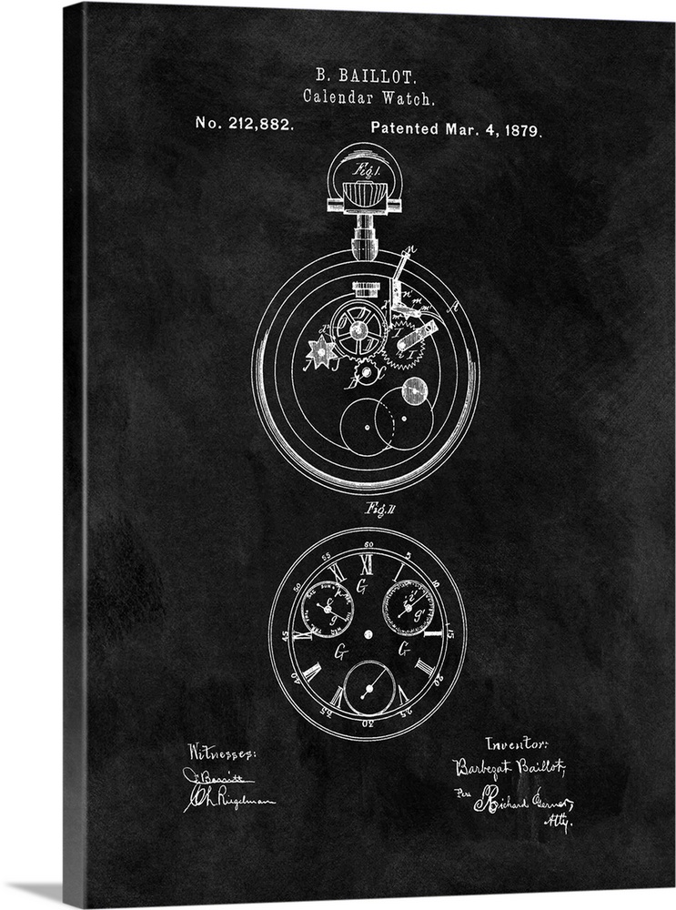 Antique style blueprint diagram of a Calendar Watch printed on a black background