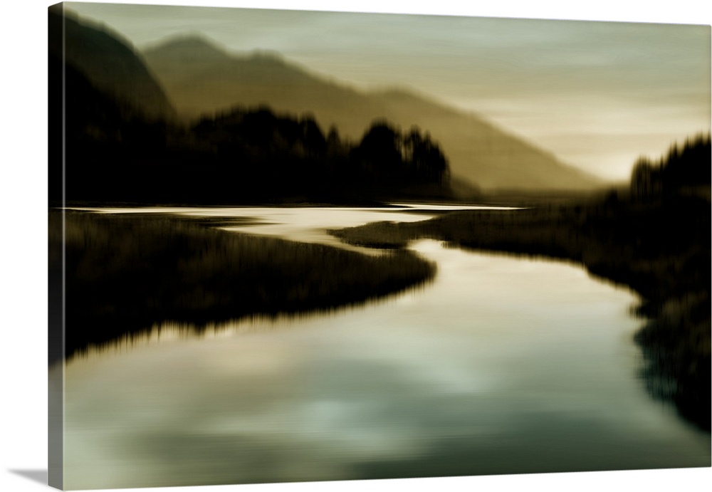 Contemporary artwork of a river view landscape as a blurred silhouette.