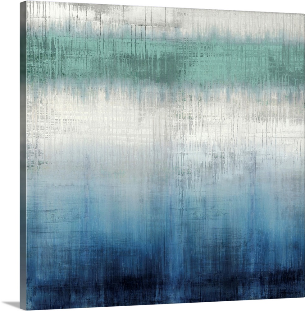 Abstract artwork of vertical dripping paint in blue, white and green with visible horizontal lines throughout.