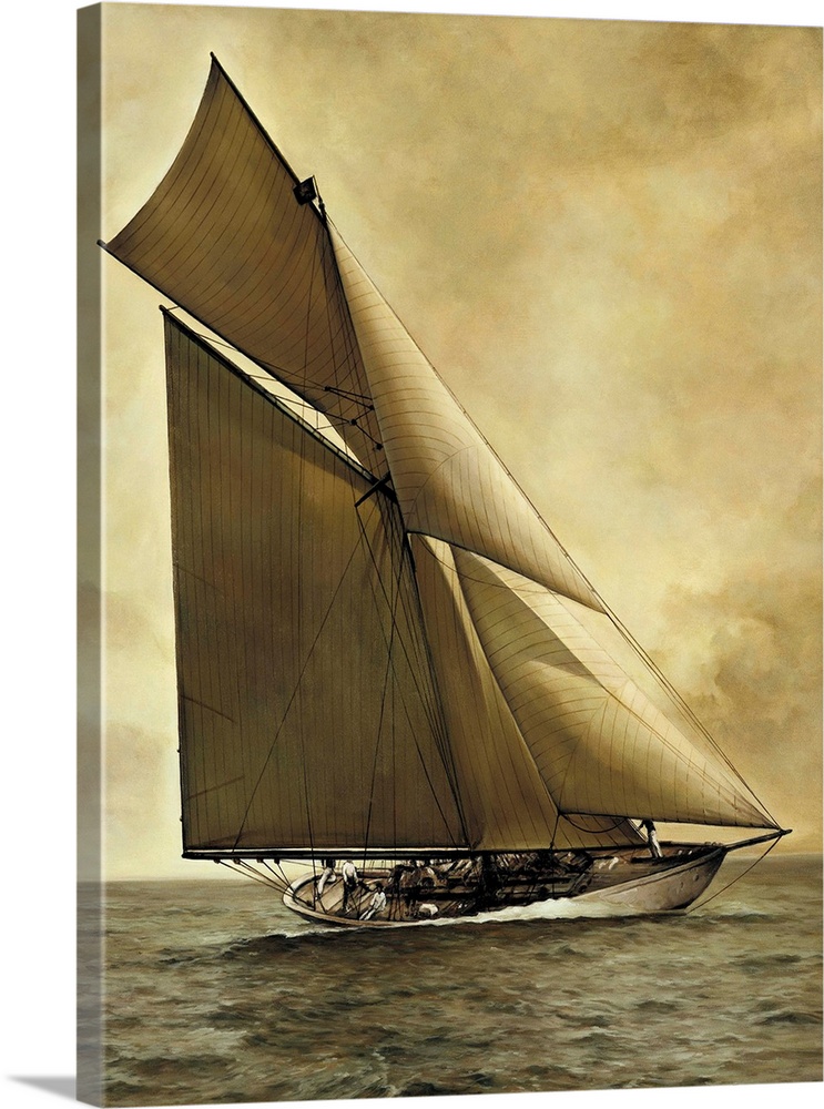 Contemporary painting of a sailboat in the middle of the ocean with sepia tones.