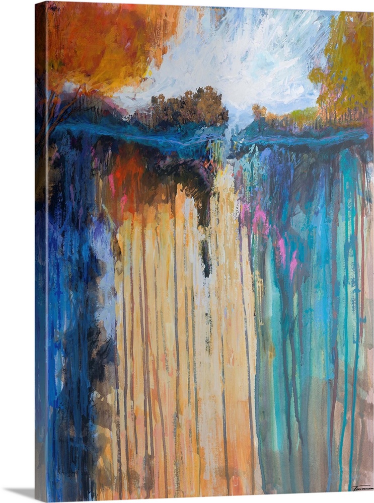 Abstract landscape painting with vibrant dripping hues forming a lake surrounded by trees.