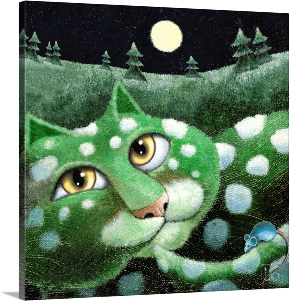 Square painting of a green cat with white and blue toned polka dots and a mouse on its tail.
