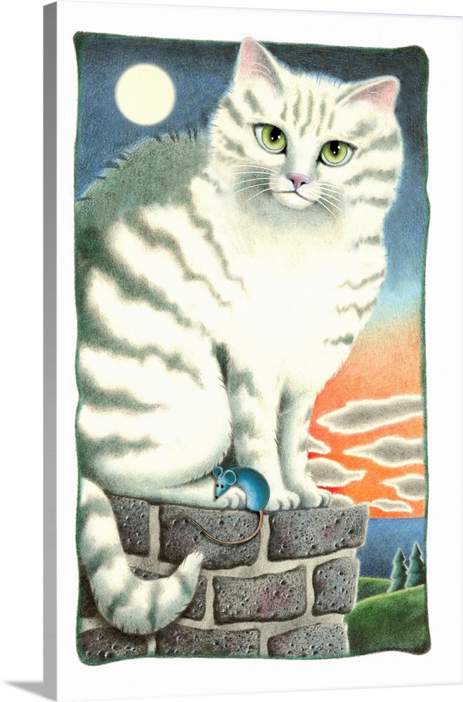 Painting of a grey and white striped cat and a blue mouse on a brick wall with a full moon in the background.