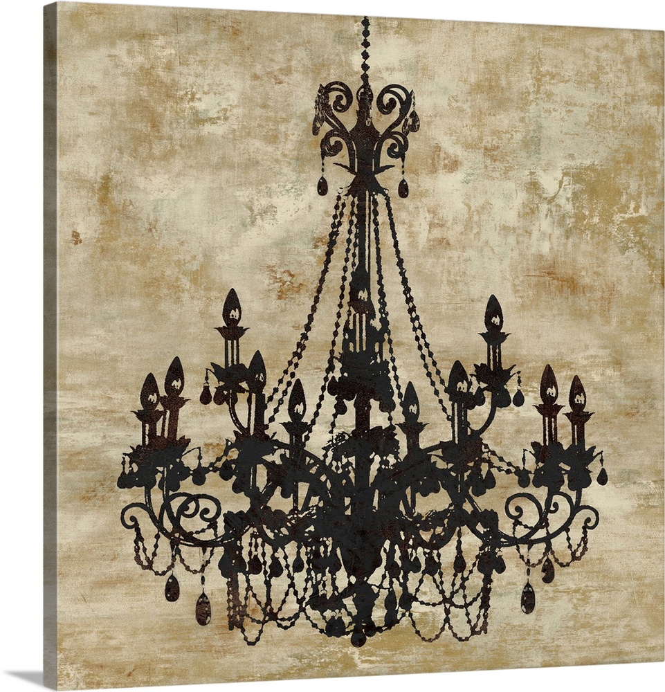 Square decor with a black chandelier on a distressed gold background.