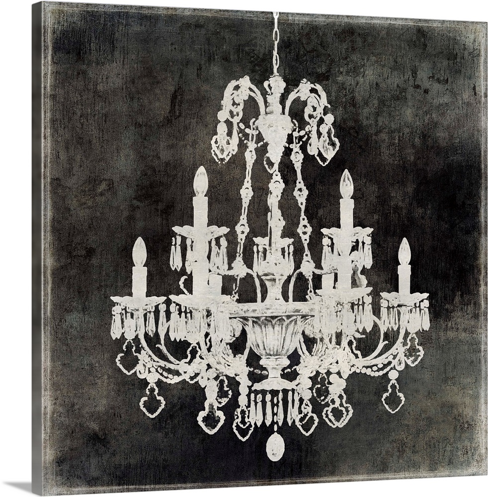 Square decor with a silver chandelier on a distressed black background.