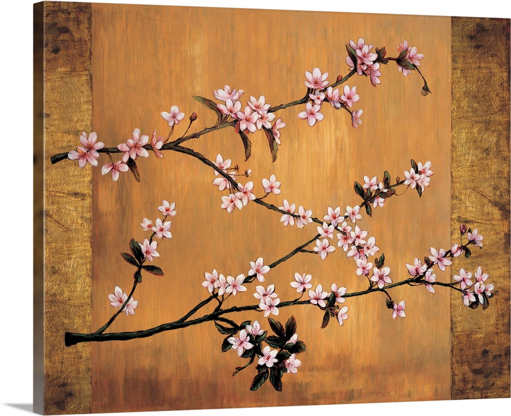 Contemporary painting of pink cherry blossom flowers on branches on a background with shades of gold and brown.