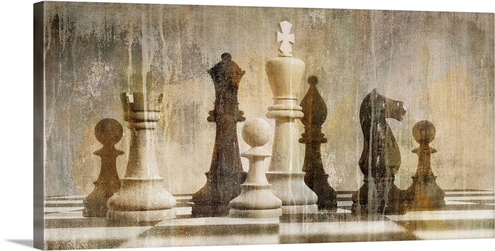 Antique aged decor of a chess board and pieces in sepia and black and white tones.