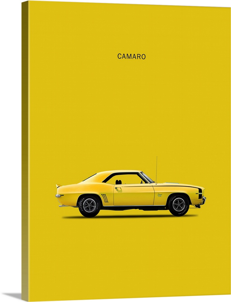 Photograph of a yellow Chev Camaro 1969 printed on a yellow background