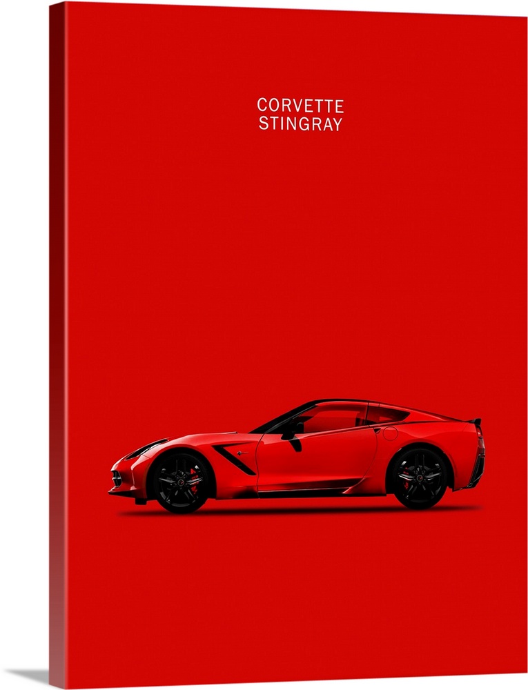 Photograph of a red Chev Corvette Stingray printed on a red background