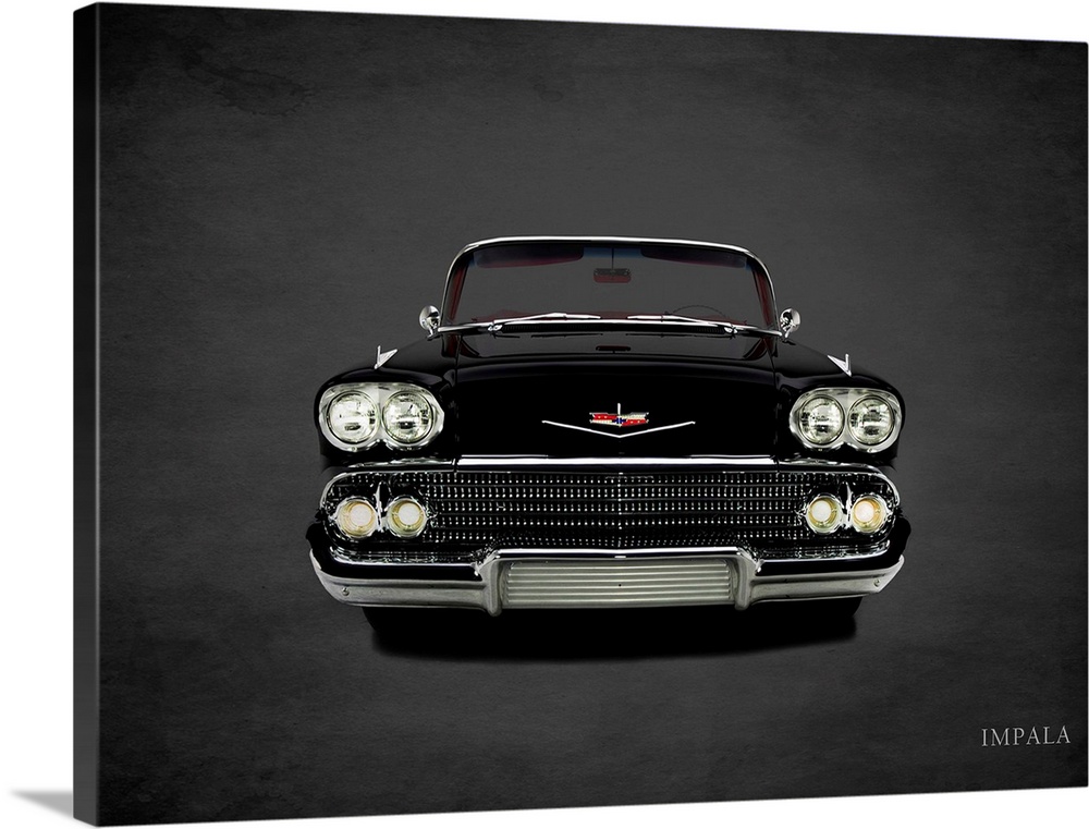Photograph of a black 1958 Chevrolet Impala printed on a black background with a dark vignette.