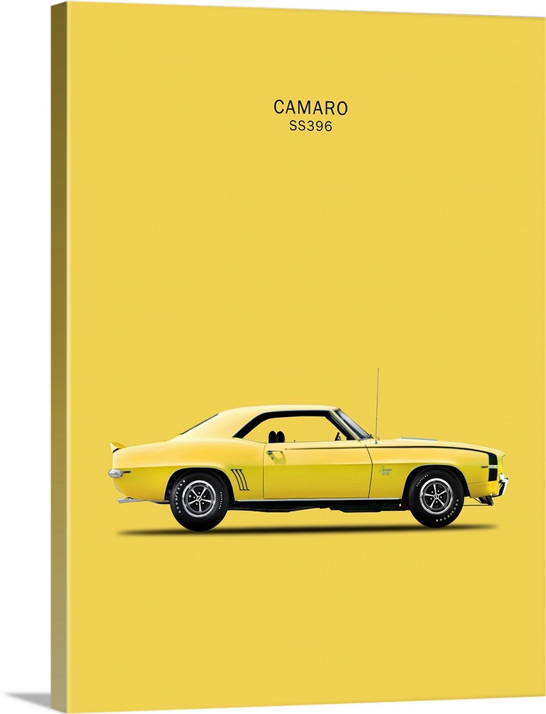 Photograph of a yellow Chevy Camaro SS396 1969 printed on a yellow background