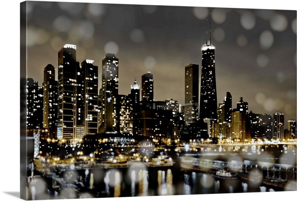 The Chicago skyline lit up at night with the harbor and bokeh lights in the foreground.