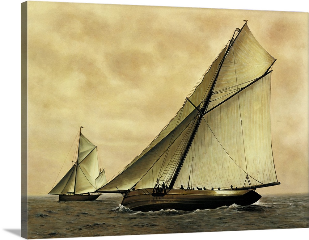 Contemporary painting of sailboats in the middle of the ocean with the wind blowing to the right.
