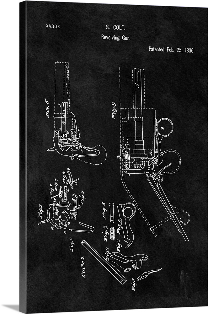 Antique style blueprint diagram of a Colt Revolving Gun printed on a black background