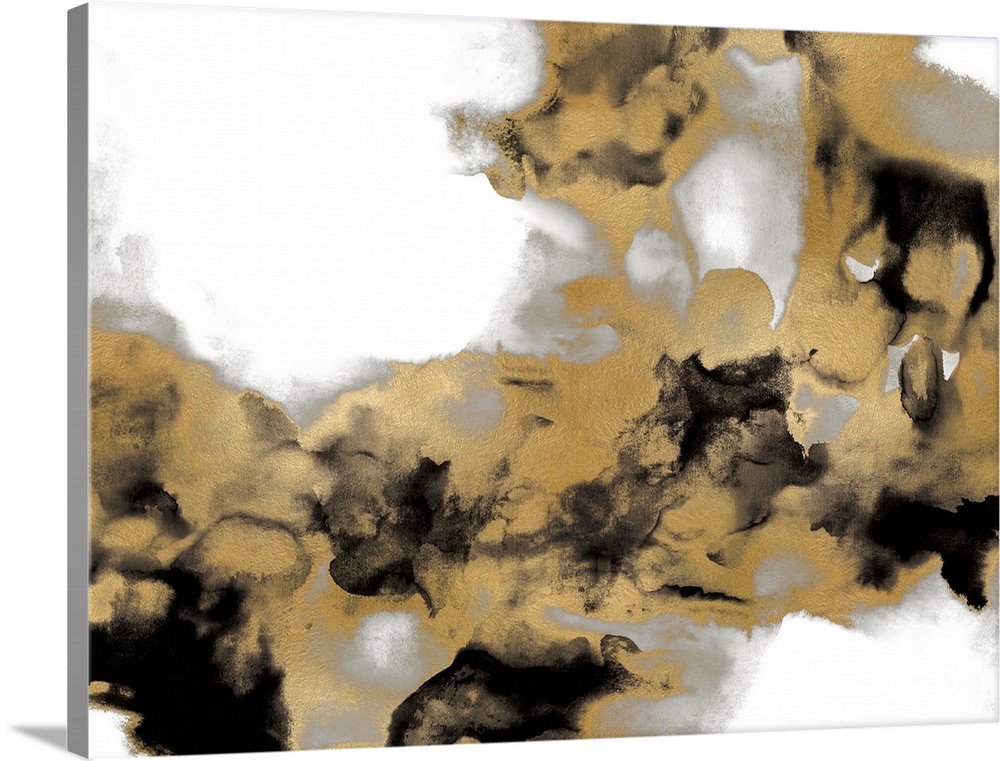 Abstract art with metallic silver and gold with black splotches on a solid white background.