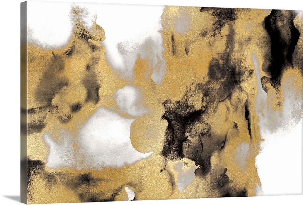 Abstract painting with black, gray, and metallic gold on a white background.