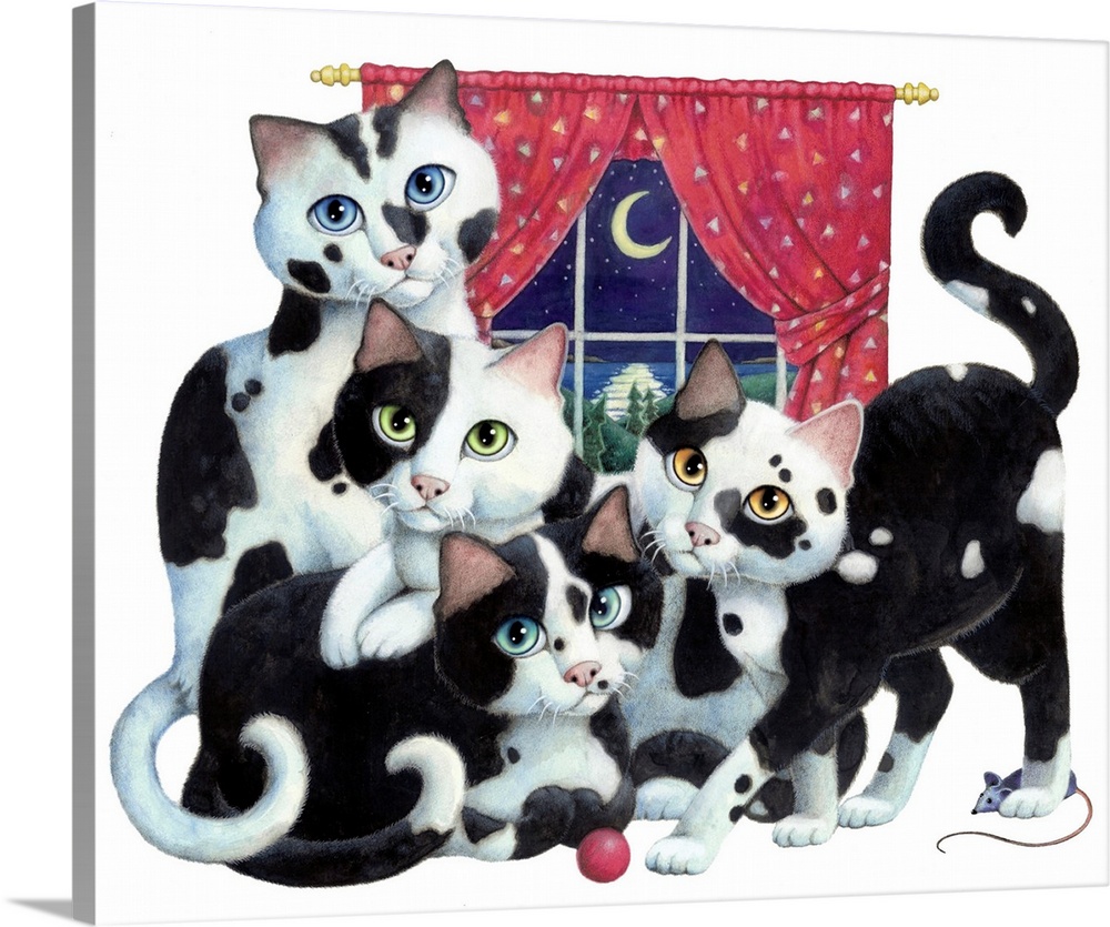 Illustration of four black and white cats in front of a window with cred curtains.