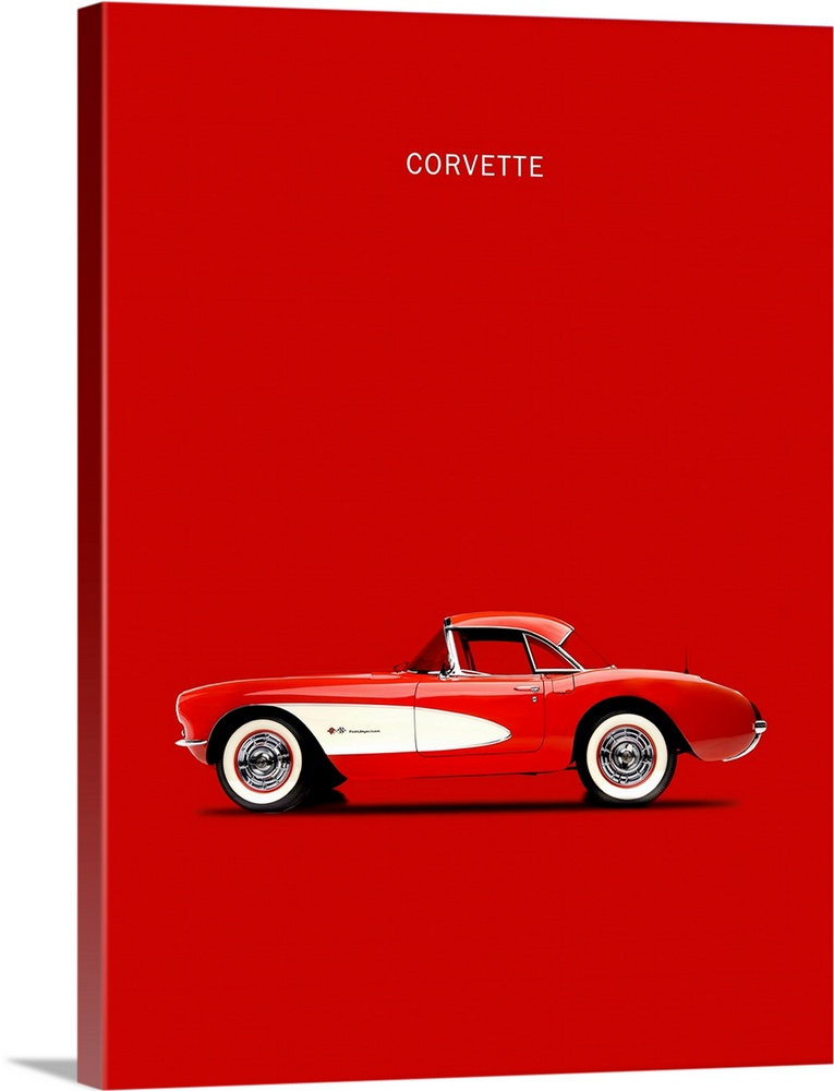 Photograph of a red and white Corvette 1957 printed on a red background
