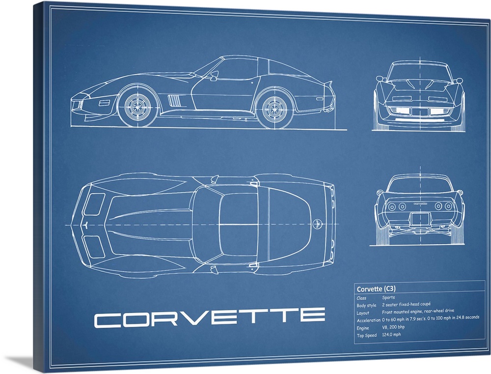 Antique style blueprint diagram of a Corvette C3 printed on a Blue background.