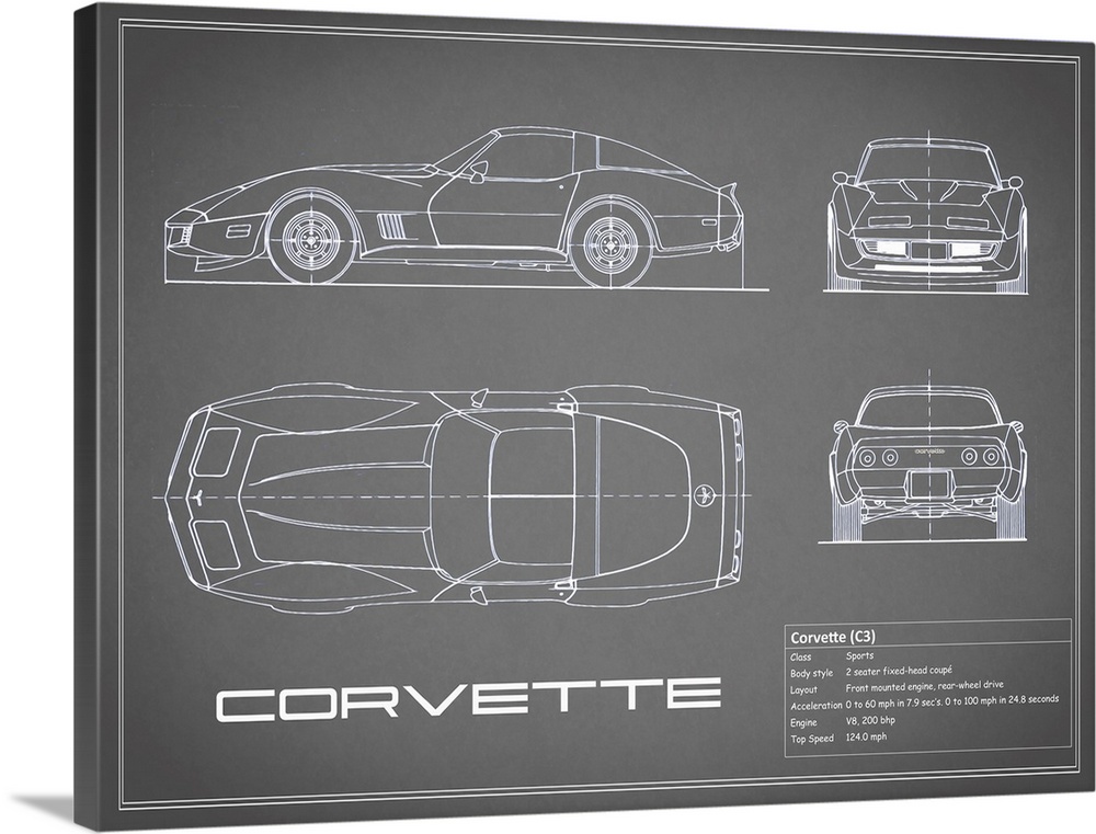 Antique style blueprint diagram of a Corvette C3 printed on a Grey background.