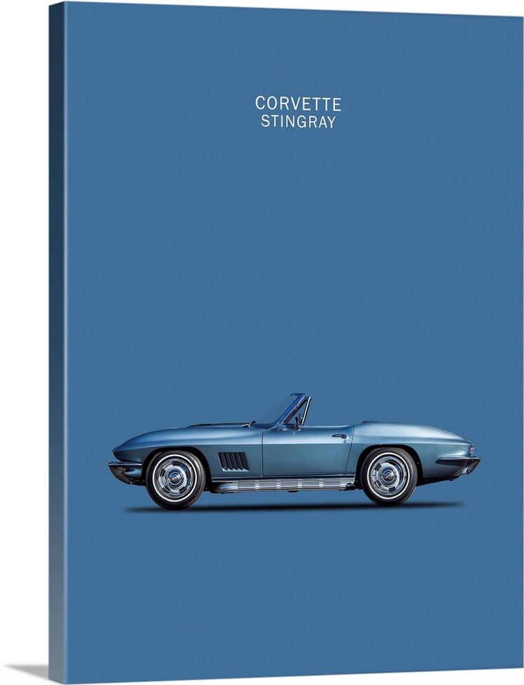 Photograph of a blue Corvette Stingray 1967 printed on a blue background