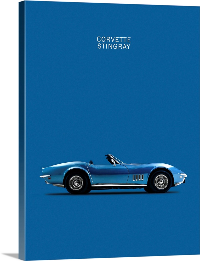 Photograph of a blue Corvette Stingray printed on a blue background