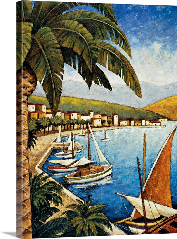Contemporary painting of sailboats docked in a harbor with a village in the background and palm trees in the foreground.