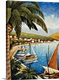 image thumbnail of Contemporary painting of sailboats docked in a harbor with a village in the background and palm trees in the foreground.