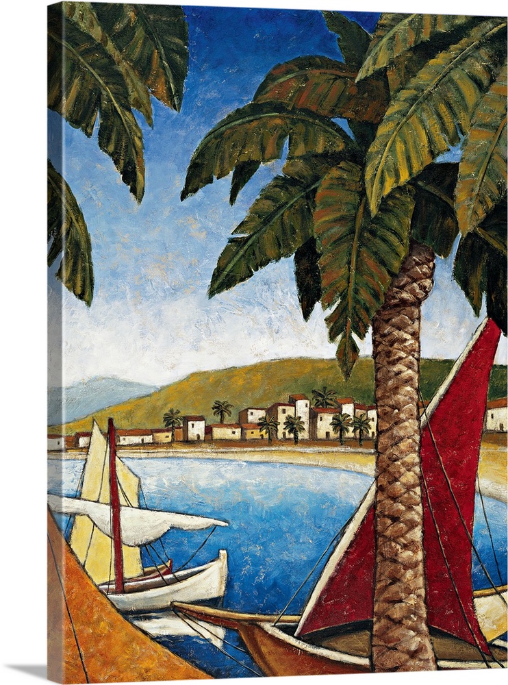 Contemporary painting of sailboats docked in a harbor with a village in the background and palm trees in the foreground.