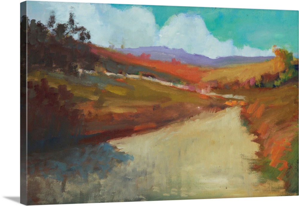 Contemporary landscape painting of a road leading through colorful hills and trees.