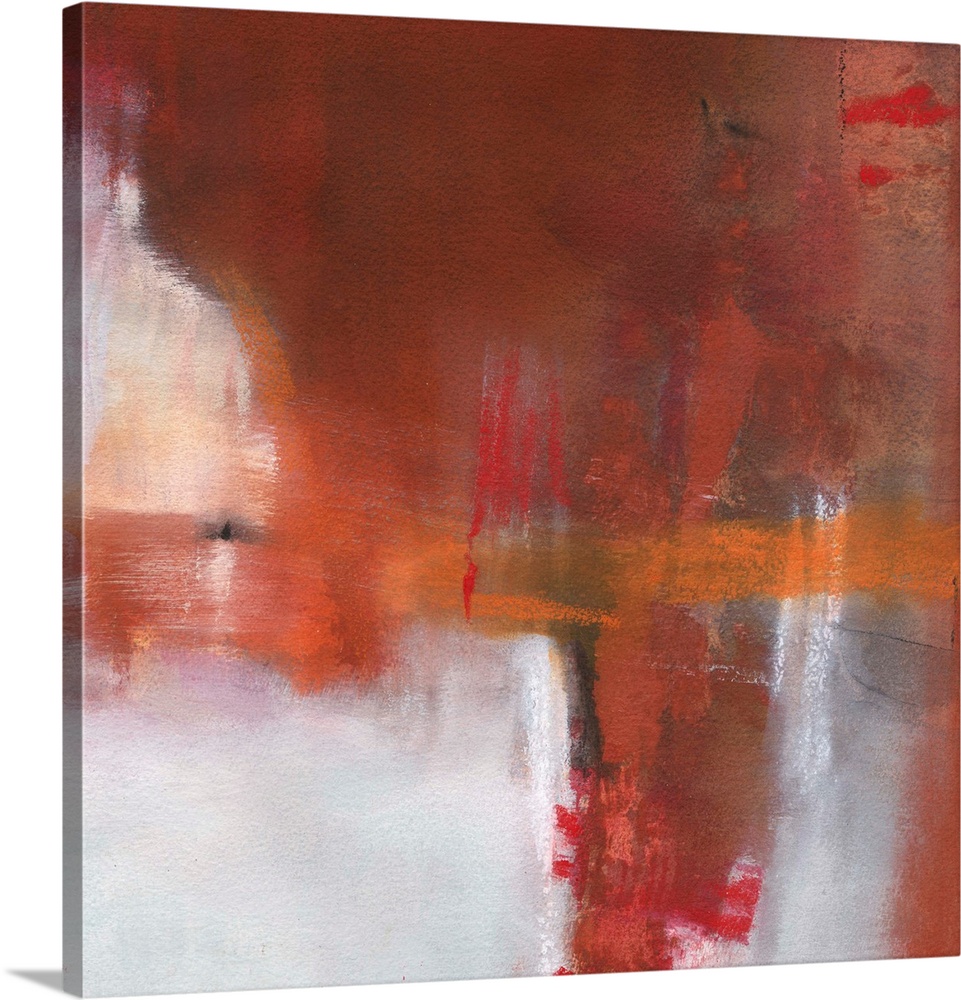 Square abstract painting with deep red, burnt orange, orange, white, and black hues.