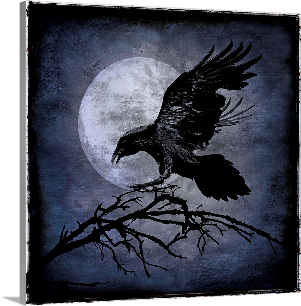 Square Halloween decor with a black crow landing on a tree branch with a full moon in the background.