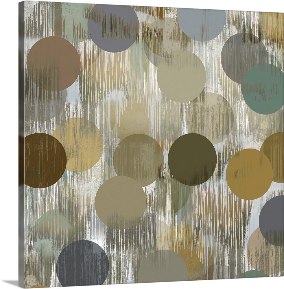 Square abstract art with earth toned circles on a washed out white and gray background with vertical lines falling from th...
