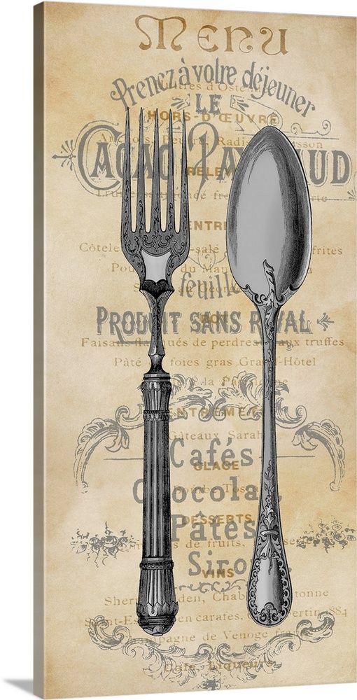 Kitchen decor with an illustration of a spoon and fork in the foreground and text in the background.