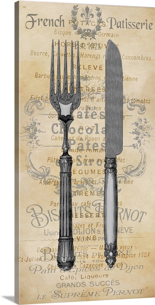 Kitchen decor with an illustration of a  fork and knife in the foreground and text in the background.