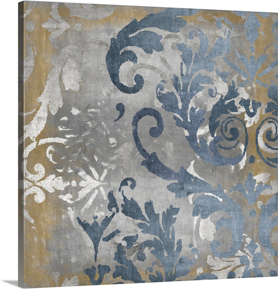 Contemporary artwork featuring silver damask designs over a distressed background with a foil texture throughout.