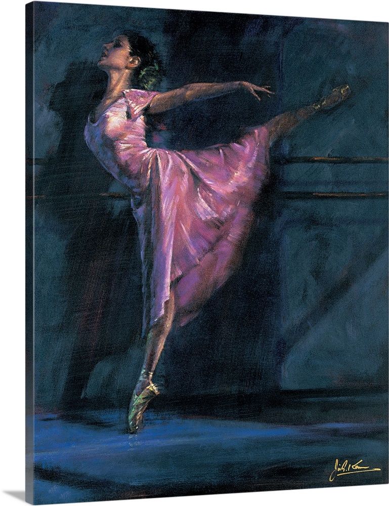 Contemporary painting of a ballerina in pink holding an arabesque on pointe next to a ballet barre.