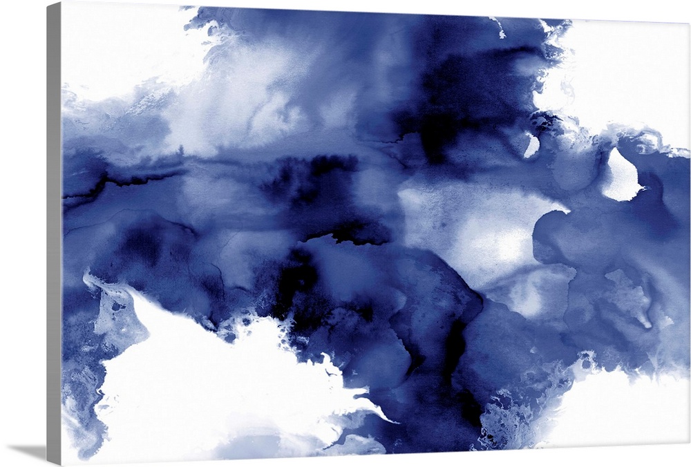 Abstract watercolor painting with indigo splotches on a white background.