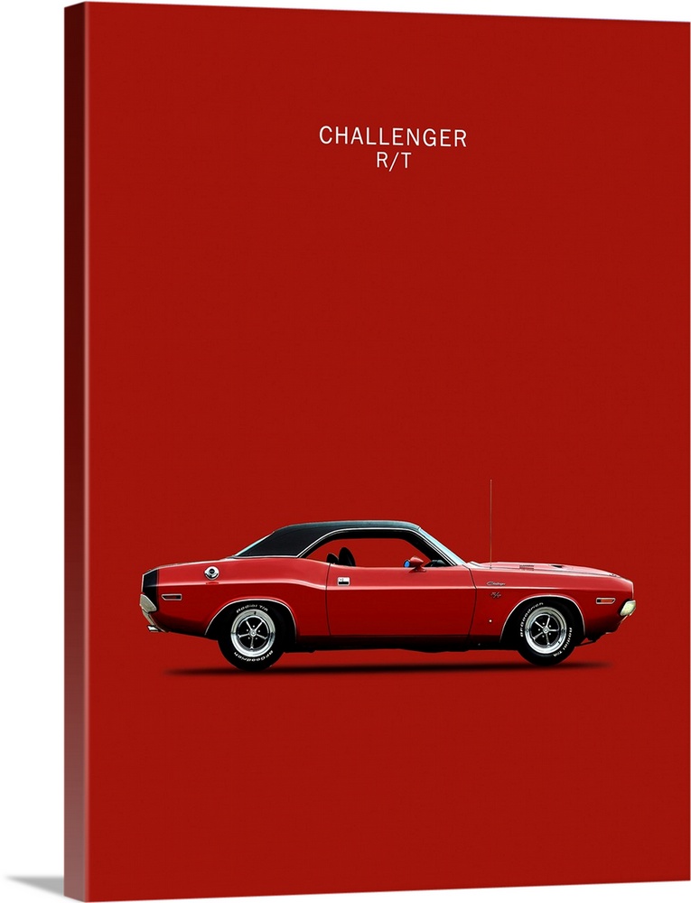 Photograph of a dark red Dodge Challenger R-T 1970 with a black hood printed on a red background